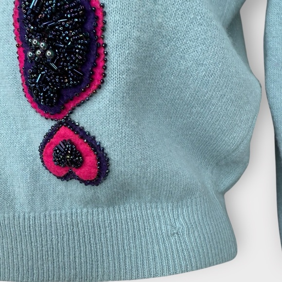 Vintage 1950s Light Blue wool cashmere, Floral, Beaded Cardigan Sweater - Picture 5 of 6